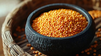 Aufkleber - Yellow lentil in black bowl on wooden rattan tray Top view Copy space : Generative AI