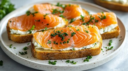 Poster - Sandwich toast with smoked salmon and cream cheese on white plate Marble background Copy space : Generative AI