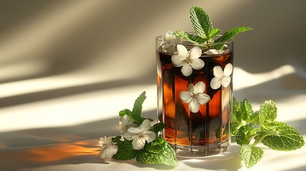 Aufkleber - Herbal mint and vanilla tea in glass cup on a white background : Generative AI