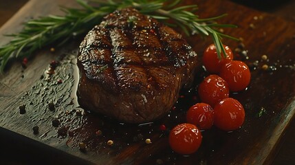 Poster - Beef steak with cherry tomato and rosemary on a dark cutting board Wooden background Top view Copy space : Generative AI