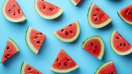 Poster - Watermelon slices on blue background Top view : Generative AI