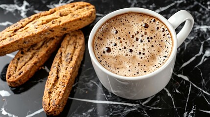 Poster - Coffee espresso in cup with biscotti cookies on black marble background Close up Top view : Generative AI