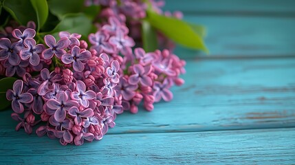 Poster - Bunch of lilac flowers on a turquoise wooden background : Generative AI