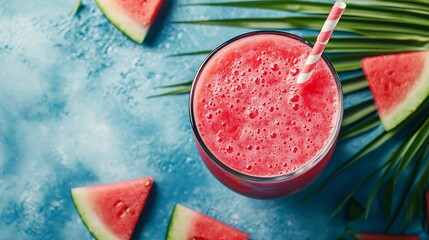 Poster - Watermelon smoothie fresh juice on blue background with palm leaf Top view : Generative AI