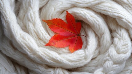 Leinwandbilder - Knitted white scarf pattern background with autumn maple leaf Close up Top view : Generative AI