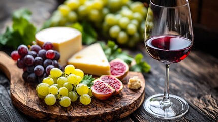 Poster - Cheese and fruits assortment on cutting board with red and white wine on wooden background Copy space : Generative AI