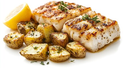 Aufkleber - Roasted cod codfish with baked potatoes and artichokes with lemon and herbs sauce on a white background : Generative AI