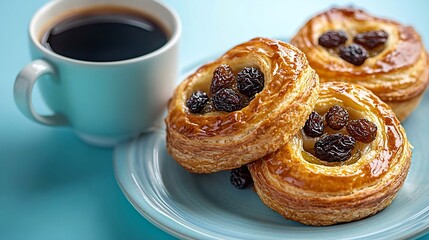 Poster - Fresh danish pastry with raisins and cup of black coffee on blue background Close up : Generative AI