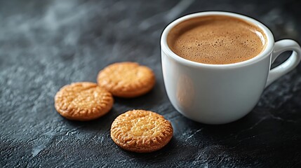 Aufkleber - Coffee espresso in cup with amaretti cookies on black marble background Copy space : Generative AI