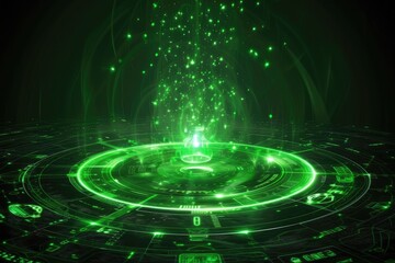 Poster - A captivating green digital vortex radiating light particles, symbolizing technology and innovation in a futuristic design.