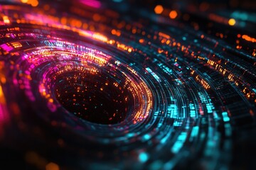 Poster - A vivid, swirling vortex of neon lights creating an abstract digital landscape with glowing particles and dynamic motion.
