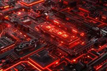 Poster - Close-up of a futuristic circuit board with glowing red lights, showcasing advanced technology and intricate design.