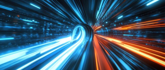 Fototapete - Dynamic abstract image of blue and orange lights in motion, creating a sense of speed and energy.