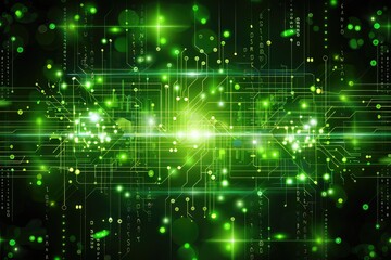 Poster - Vibrant green abstract pattern with glowing elements and digital lines, representing technology and innovation.