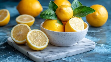 Poster - Fresh Meyer lemons in white bowl on marble board Blue background Copy space : Generative AI