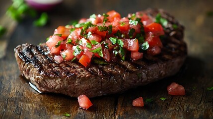 Poster - Beef steak well done with tomato and pepper salsa on a dark wooden background : Generative AI
