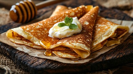 Poster - Thin crepes or pancakes with butter honey and sour cream on a rustic textile background Top view : Generative AI