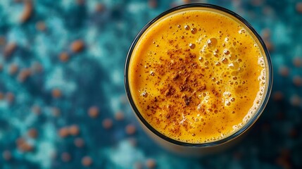 Poster - Pumpkin smoothie with pumpkin pie spices on a blue textile background Top view : Generative AI