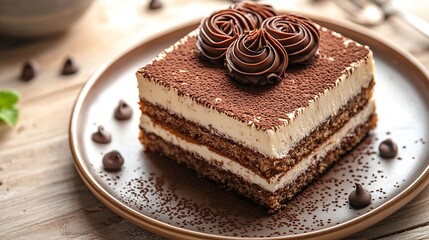 Wall Mural - Tiramisu cake with chocolate decoration on a plate Wooden background Copy space Top view : Generative AI