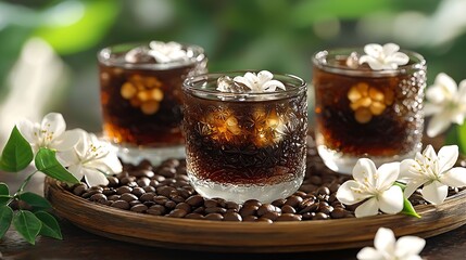 Aufkleber - Traditional Vietnamese Thai Ice coffee with coffee beans on a wooden background : Generative AI