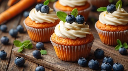Poster - Carrot cupcakes decorated with cream cheese frosting and fresh blueberries on a wooden background : Generative AI