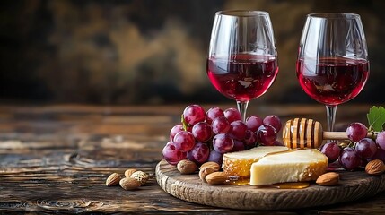 Poster - Cheese plate with honey on a wooden board nuts and grape and red wine in glass on a wooden background : Generative AI