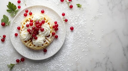 Poster - Belgian waffles with fresh red currant berries Grey background Copy space Top view : Generative AI