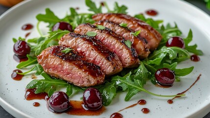 Aufkleber - Duck breast meat with fresh salad arugula and cherry sauce on a white plate : Generative AI
