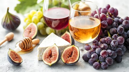 Poster - Grape cheese figs and honey with a glasses of red and white wine Copy space : Generative AI