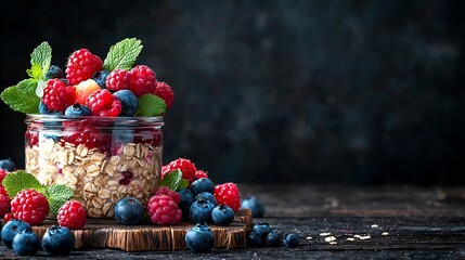 Poster - Assortment overnight oats bircher muesli with fresh berries and fruits in a glass jars on wooden table Copy space : Generative AI