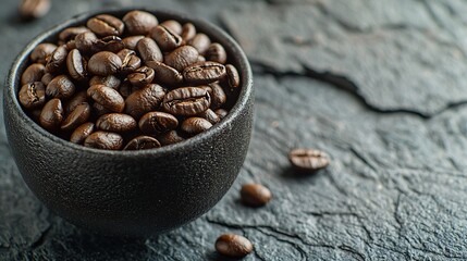 Poster - Coffee beans close up shot in black bowl on grey slate background Close up : Generative AI