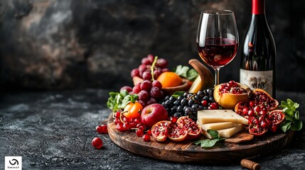 Poster - Cheese and fruits assortment on cutting board with red white wine on wooden background Copy space : Generative AI
