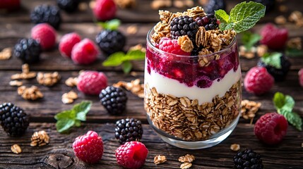 Poster - Healthy breakfast Fresh granola muesli with yogurt and berries on wooden background Close up : Generative AI