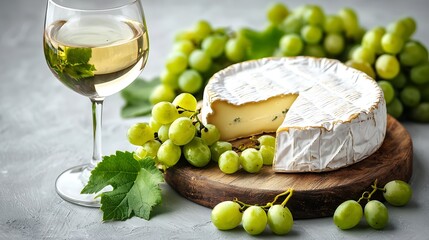 Poster - Brie camembert cheese with fresh grape on a wooden board with wine glass on a white background : Generative AI