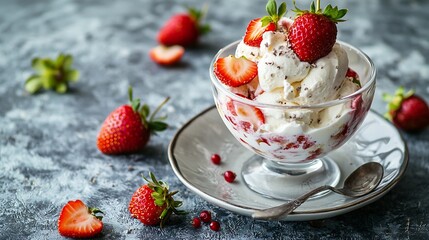 Poster - Ice cream with strawberry in a glass bowl on white plate Grey background Close up : Generative AI