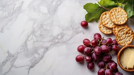 Poster - Assortment of cheese grapes and crackers Marble background Top view : Generative AI