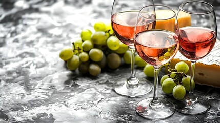 Poster - Assortment of cheese grapes with red and white wine in glasses Marble background Close up : Generative AI