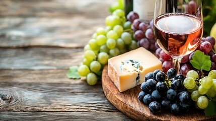 Poster - Cheese and fruits on cutting board with red white wine on wooden background : Generative AI