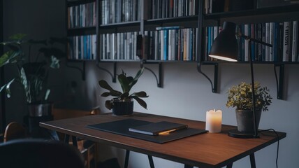 Wall Mural - A desk with a lamp on it and a chair in the corner.