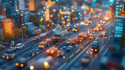 A vibrant cityscape at night showcases bustling highway filled with vehicles, illuminated by colorful lights from buildings and street lamps, creating lively urban atmosphere