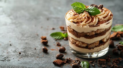 Poster - Tiramisu traditional Italian dessert in glass on a grey stone background : Generative AI