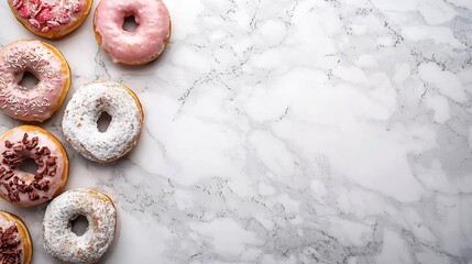 Poster - Assortment of donuts on marble table background Close up Top view : Generative AI