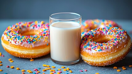 Poster - Donuts with glass of milk on marble table Grey background Close up : Generative AI