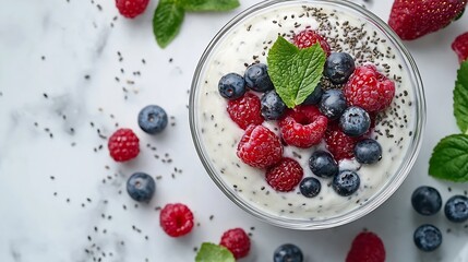 Poster - Chia seed pudding cheesecake custard dessert with fresh berries in a glass bowl on white plate Copy space Top view : Generative AI