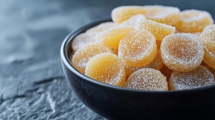 Poster - Candied ginger in black bowl on dark stone background Close up Copy space : Generative AI