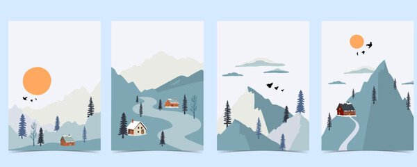 Wall Mural - winter landscape background with mountain,tree.editable vector illustration for postcard vertical si