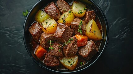 Aufkleber - Beef meat and vegetables stew in black bowl Slate background Top view : Generative AI