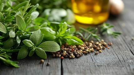 Poster - Assortment of fresh herbs olive oil and spices Wooden background Close up : Generative AI