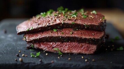 Poster - Roasted beef pastrami on slate cutting board Grey background Copy space : Generative AI