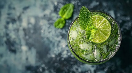 Poster - Matcha ice green tea with lime and fresh mint on a marble background Close up : Generative AI